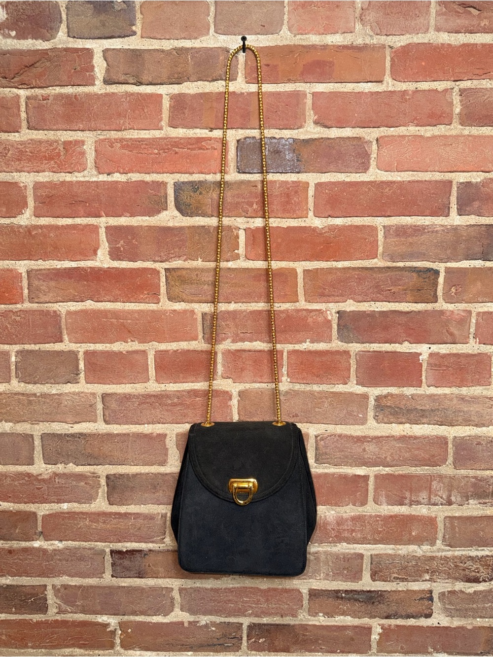 Classic Black Suede Crossbody with Gold Chain Strap Frenchy Of California